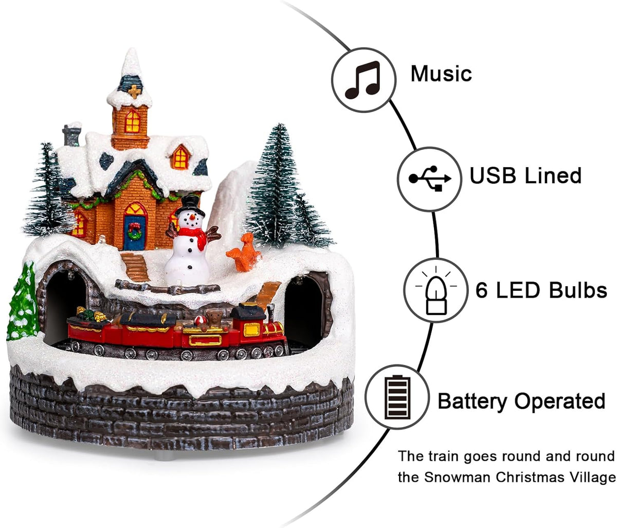 Skiennix Animated Musical Christmas Village Figurines - LED Lights & Rotating Train | Holiday Decor Gifts