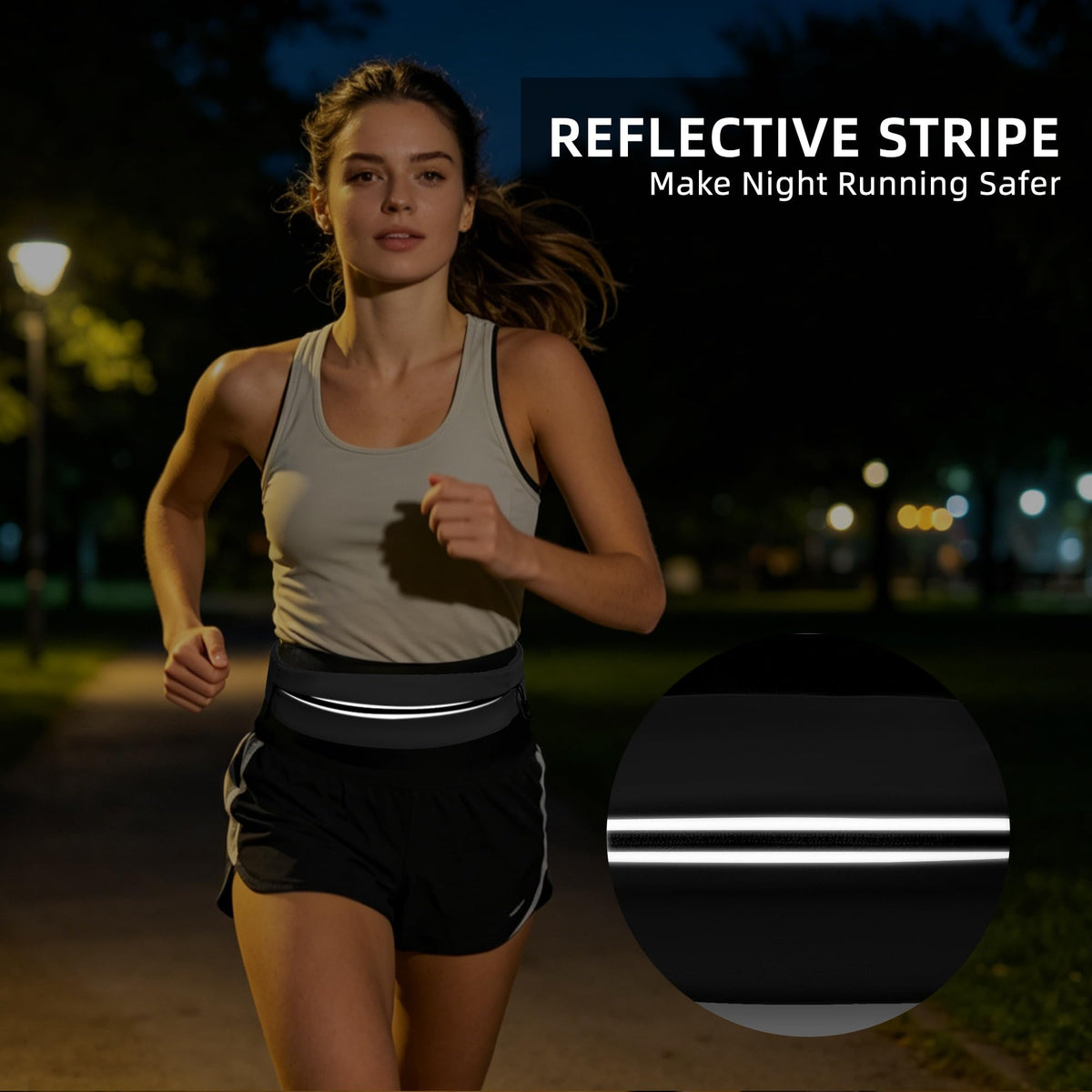 Running Belt for Men Women, Water-resistant Fanny Pack with 3 Zipper Pockets & Reflective Safety Strips, Adjustable Waist Pack Jogging Pouch for Phone, Keys & Essentials (Black, Small)