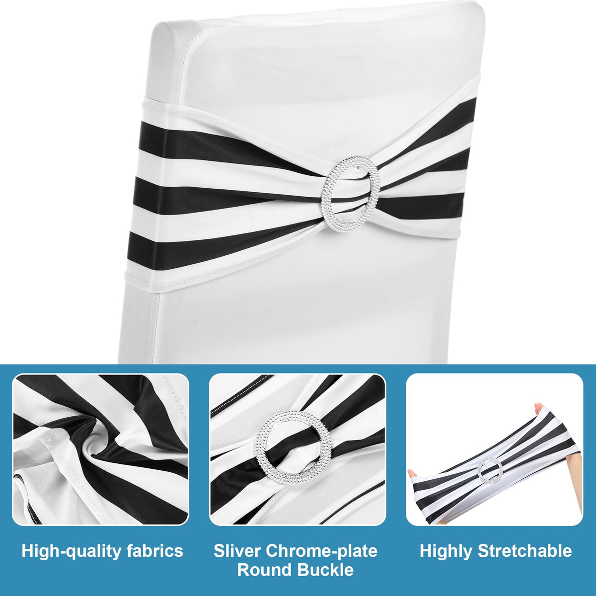 Newwiee 108 Pcs Stretch Chair Sashes with Table Runners, Sashes Fringe Table Runner for Party Wedding Reception Banquet Decorations (Black and White)