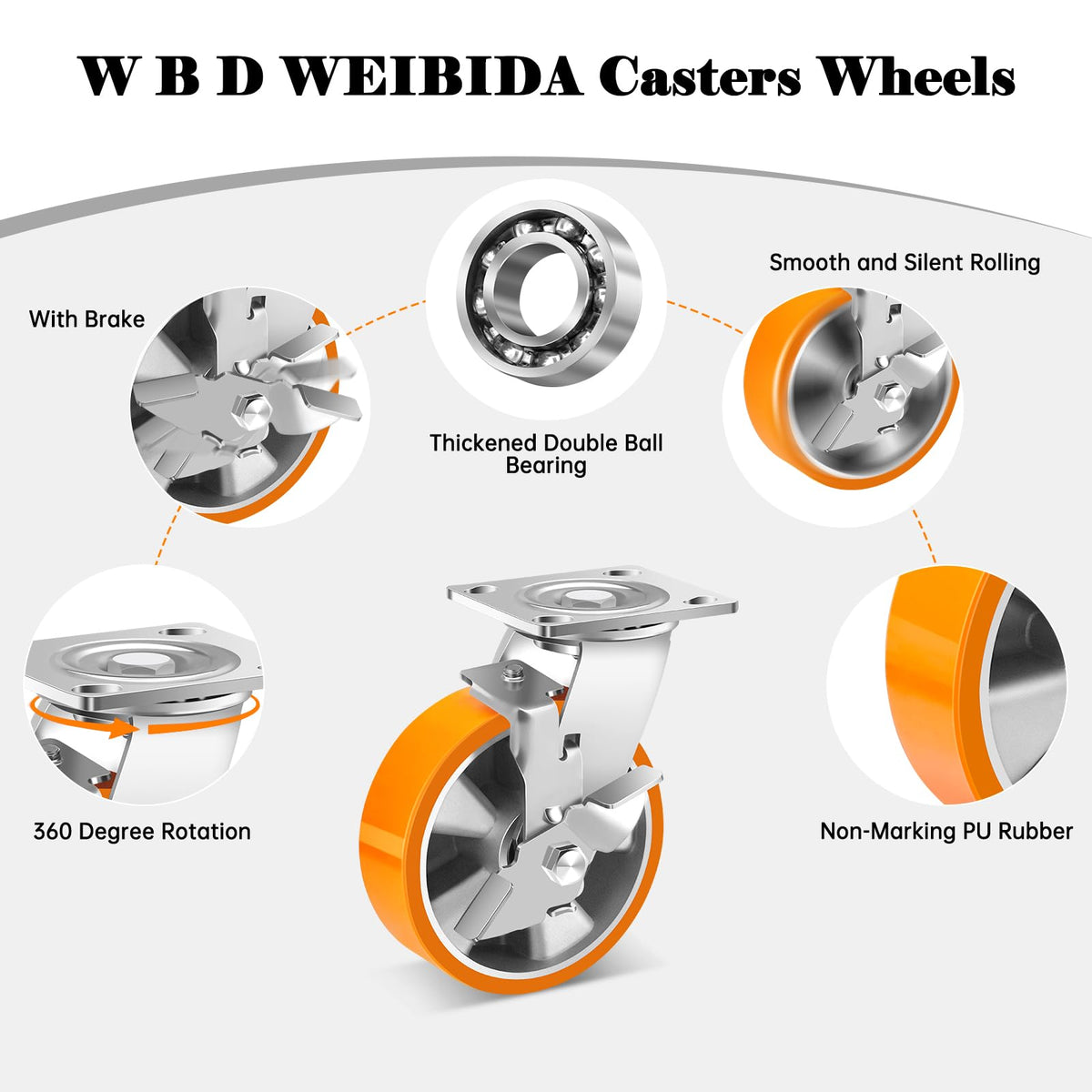 W B D WEIBIDA 6 Inch Industrial Grade Casters Set of 4, Heavy Duty Casters Wheels with Brake 5000 Lbs, Maintenance-Free Polyurethane on Aluminum Wheels, Plate Swivel Casters for Machine, Equipment