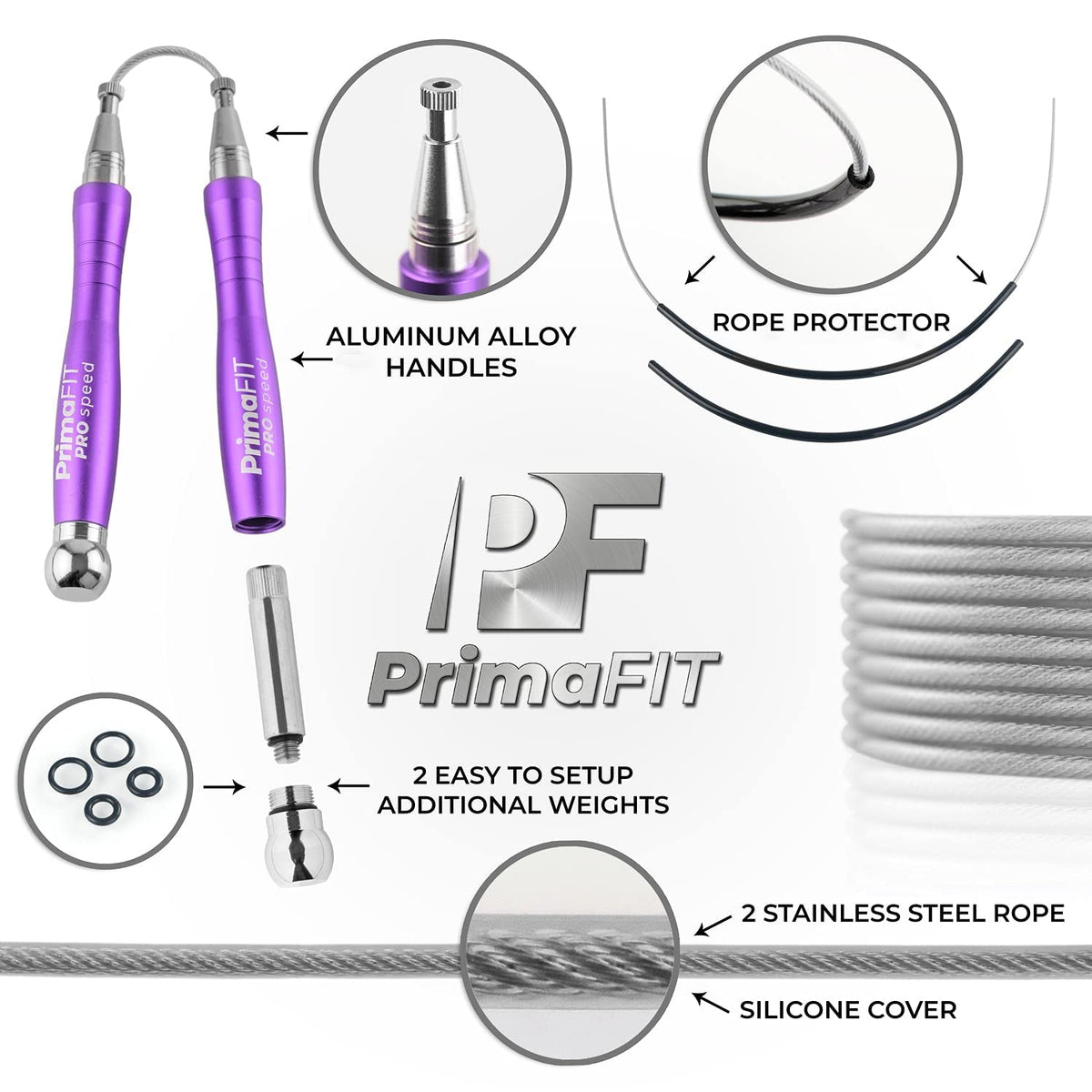 PrimaFIT Jump Rope Pro Speed Skipping Rope Adjustable Adult Jumping Rope Weighted Aluminium Handles for Double Dutch Boxing Workout Crossfit Exercise Fitness Spare Cable Weights Protectors Carry Bag
