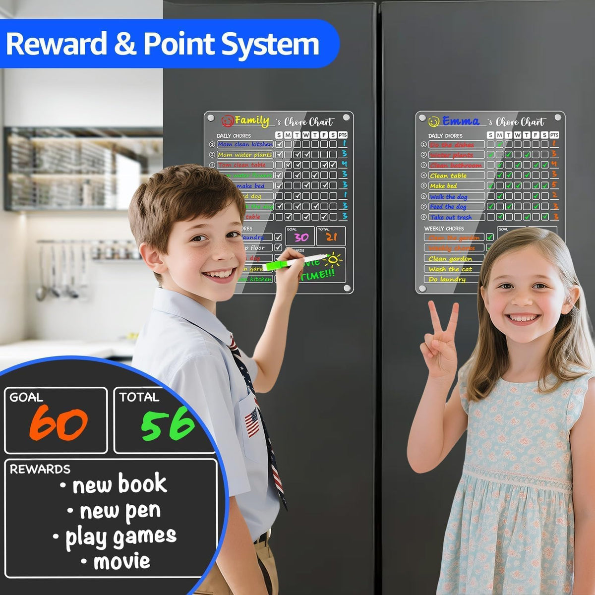PigPotParty Acrylic Magnetic Chore Chart for Kids on Fridge – 9.5"x12" Daily & Weekly Dry Erase Chore Board with 8 Fine Tip Markers and 1 Towel – Responsibility Chart with Reward Point System