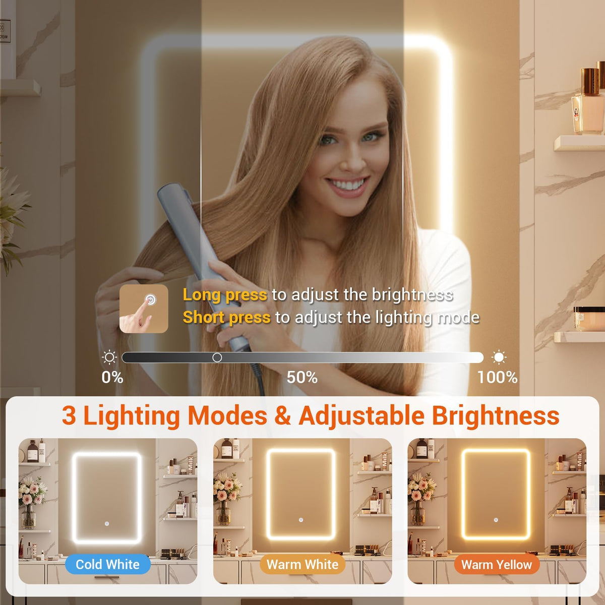 7-Drawer White Vanity Desk with Lighted Mirror & Dimmable LED Lights,Makeup Vanity Set with Power Outlets & USB Ports, 3 Color Lighting Modes, Cushioned Stool & Hair Dryer Holder, Dressing Table for