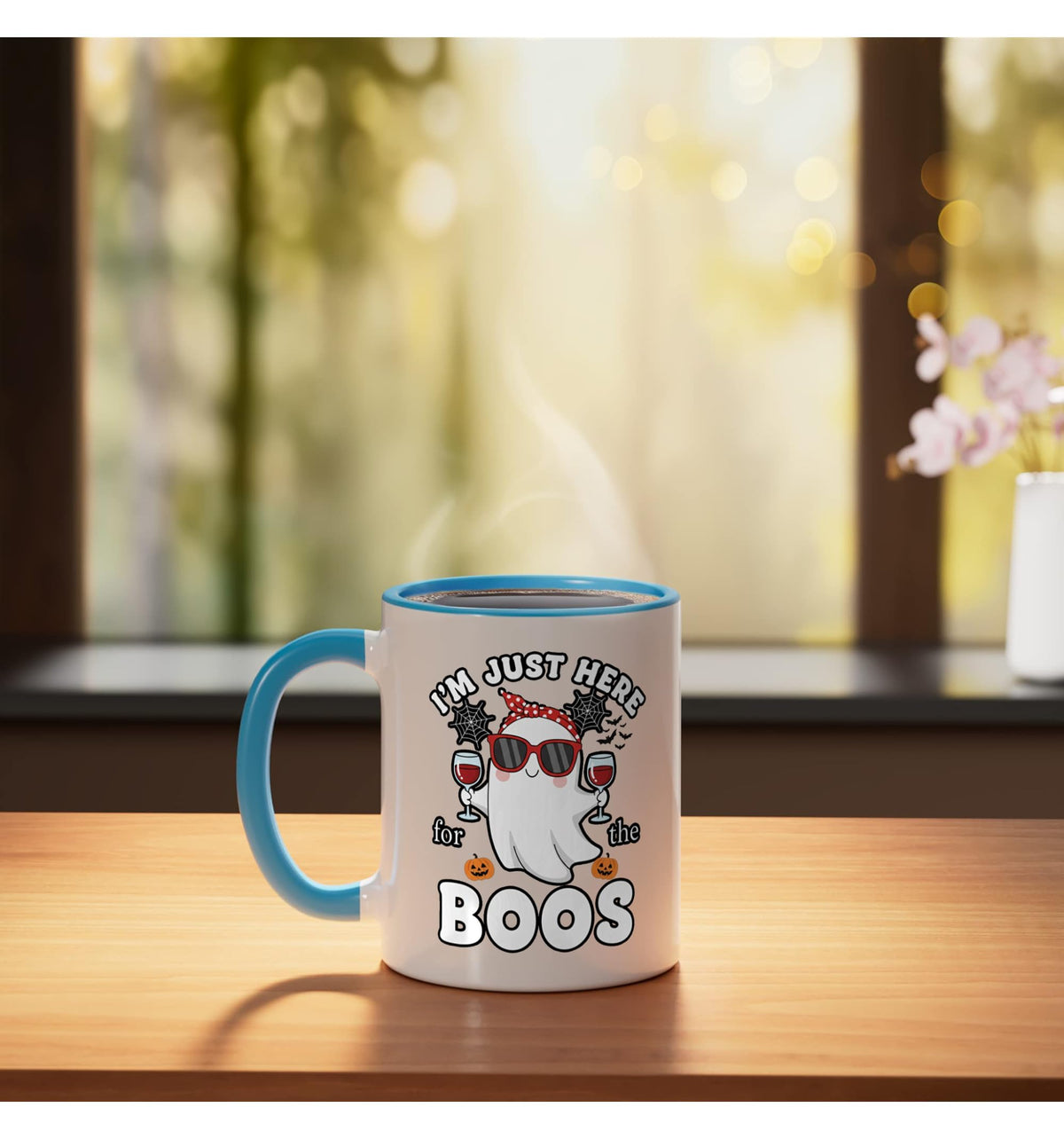 Halloween I'm Just Here The Boos Ghost Funny Ceramic Mug, Blue/White