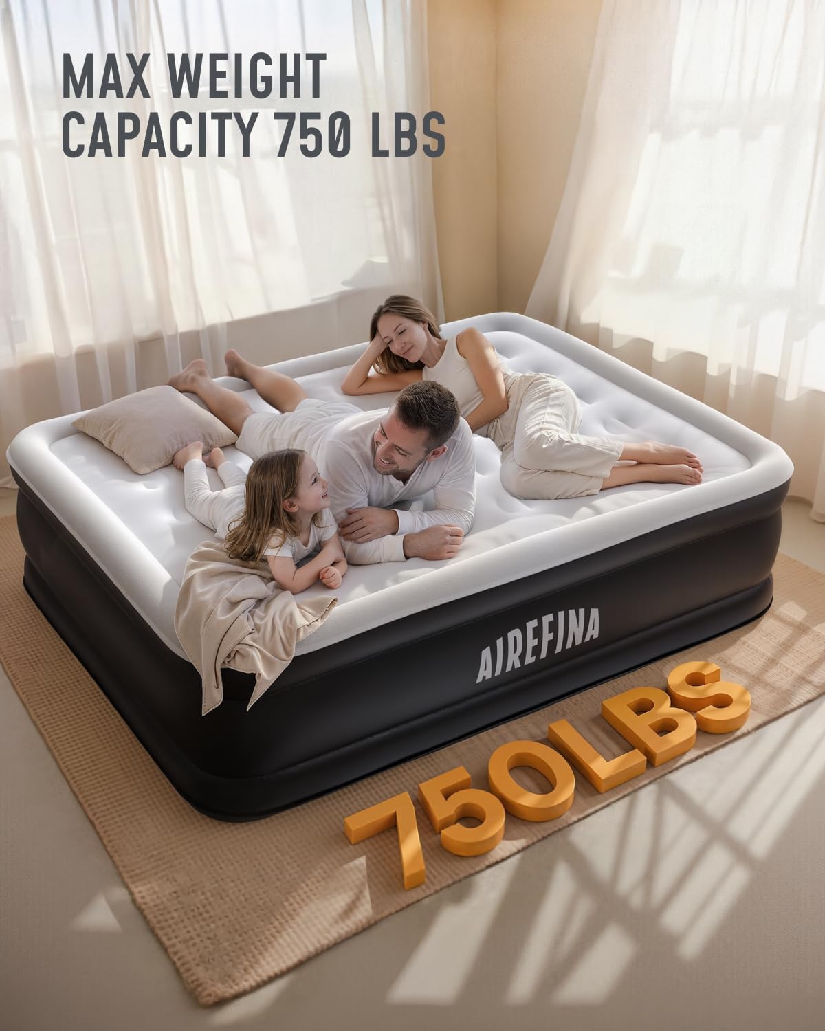 Airefina Queen Air Mattress - 18" Raised Comfort with Built-In Pump & Carrying Bag | 750 lbs Capacity