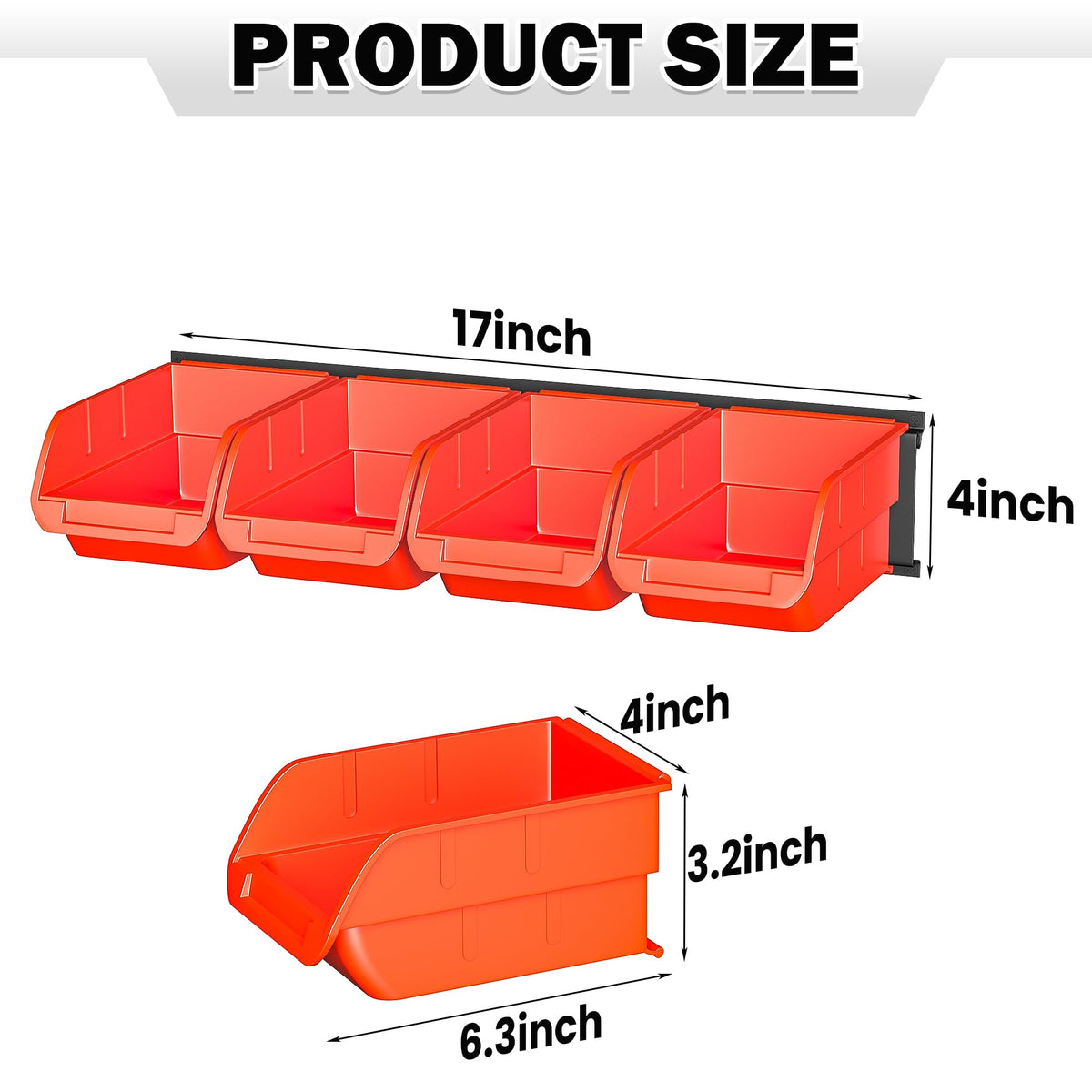 Ultrawall Wall Mounted Storage Bins, Plastic Hanging Storage Organizer Bins, Garage Tool Storage System for Screws, Nuts, Bolts, Nails, and Small Hardware Parts, 16x bins & 4 x rails, Orange