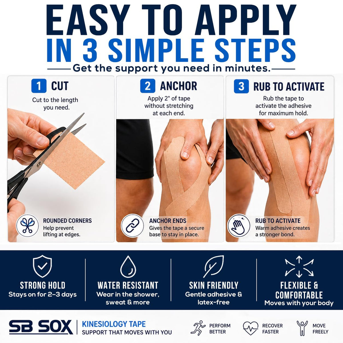 SB SOX Original Cotton Kinesiology Tape Roll – Best Latex Free Athletic Tape for Muscles/Joints – Waterproof, Stretchy, and Gentle on Skin (16ft) (Black - Precut)
