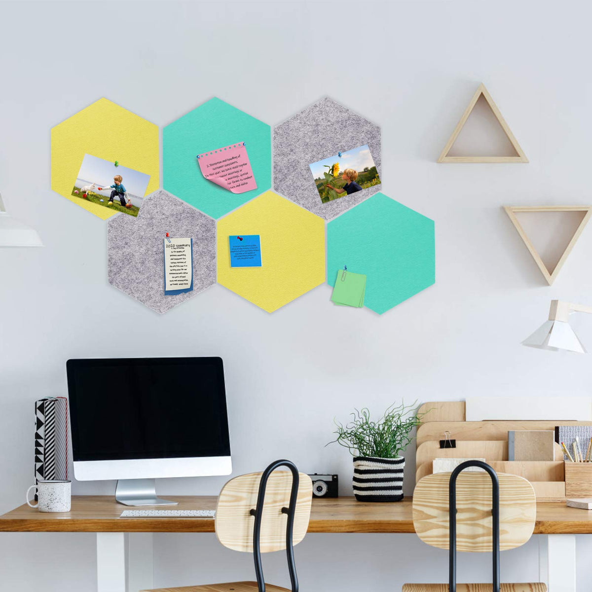 SEG Direct Hexagon Felt Bulletin Board, Large Felt Pin Board Self Adhesive Cork Board for Walls with Push Pins for Wall Office Home School Decor, 11.8 x 10.2 in, 5PCS(Gray/Teal/Yellow)