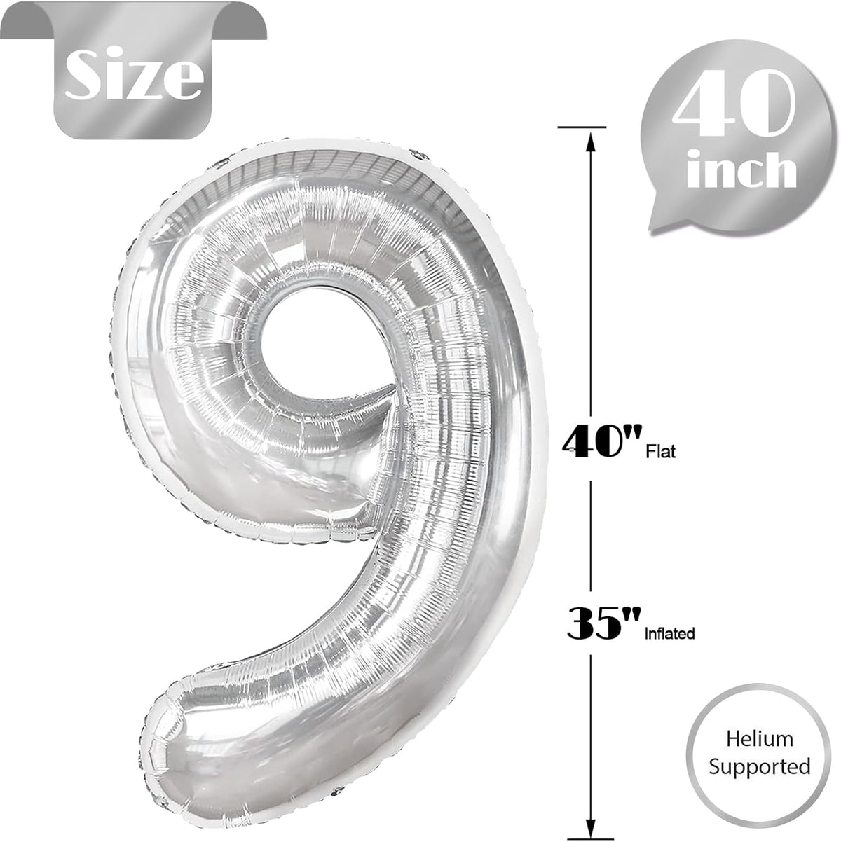 9th Birthday Decorations | Silver 40-Inch Number Balloon - Giant Party Supplies for Boys & Girls