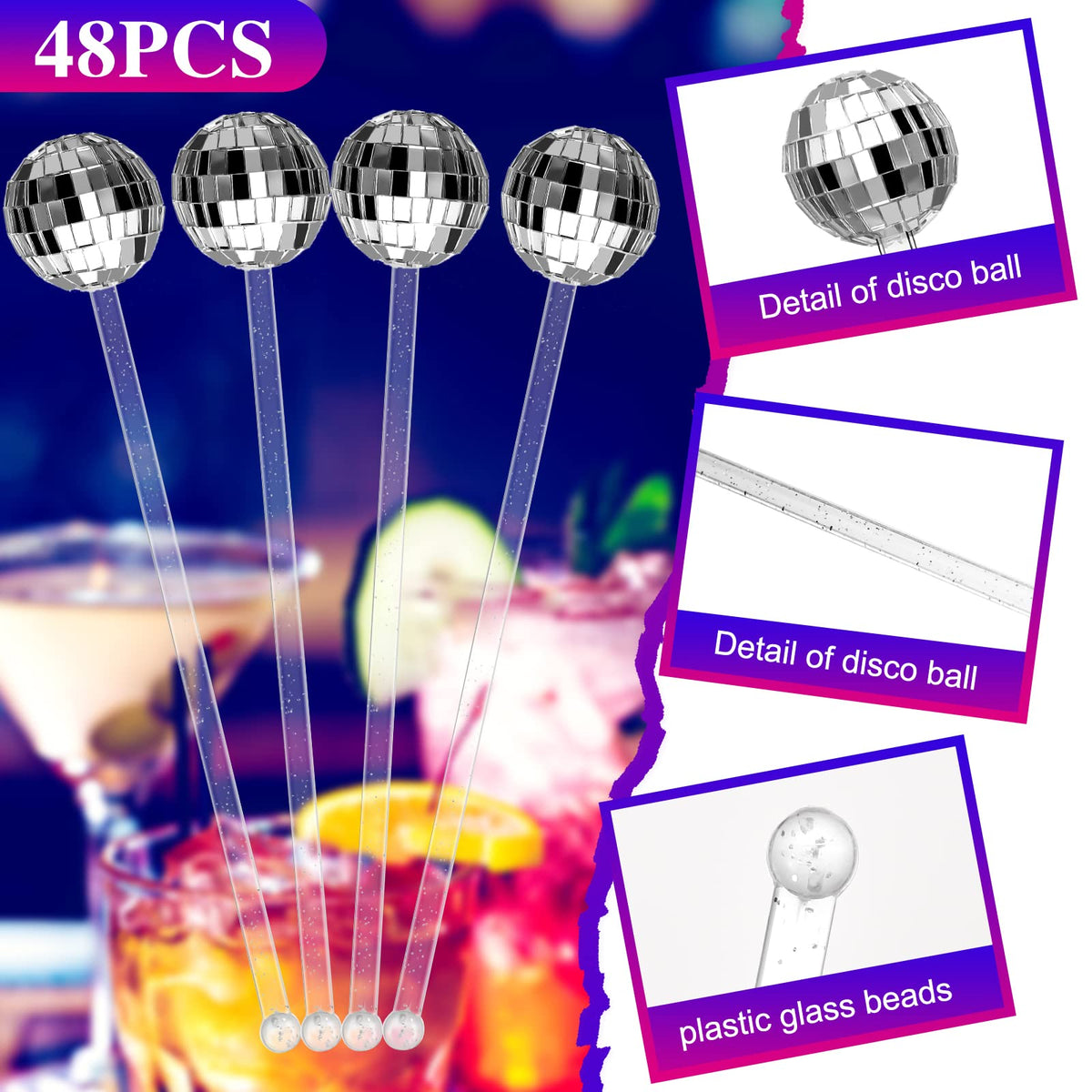 Sawysine 48 Pcs Disco Party Decorations Disco Ball Cocktail Stirrers 8 Inch Silver Mirror Ball Stir Sticks Beverage Coffee Drink Stirrer for 70s 80s Bachelorette Wedding Birthday Party(Silver)