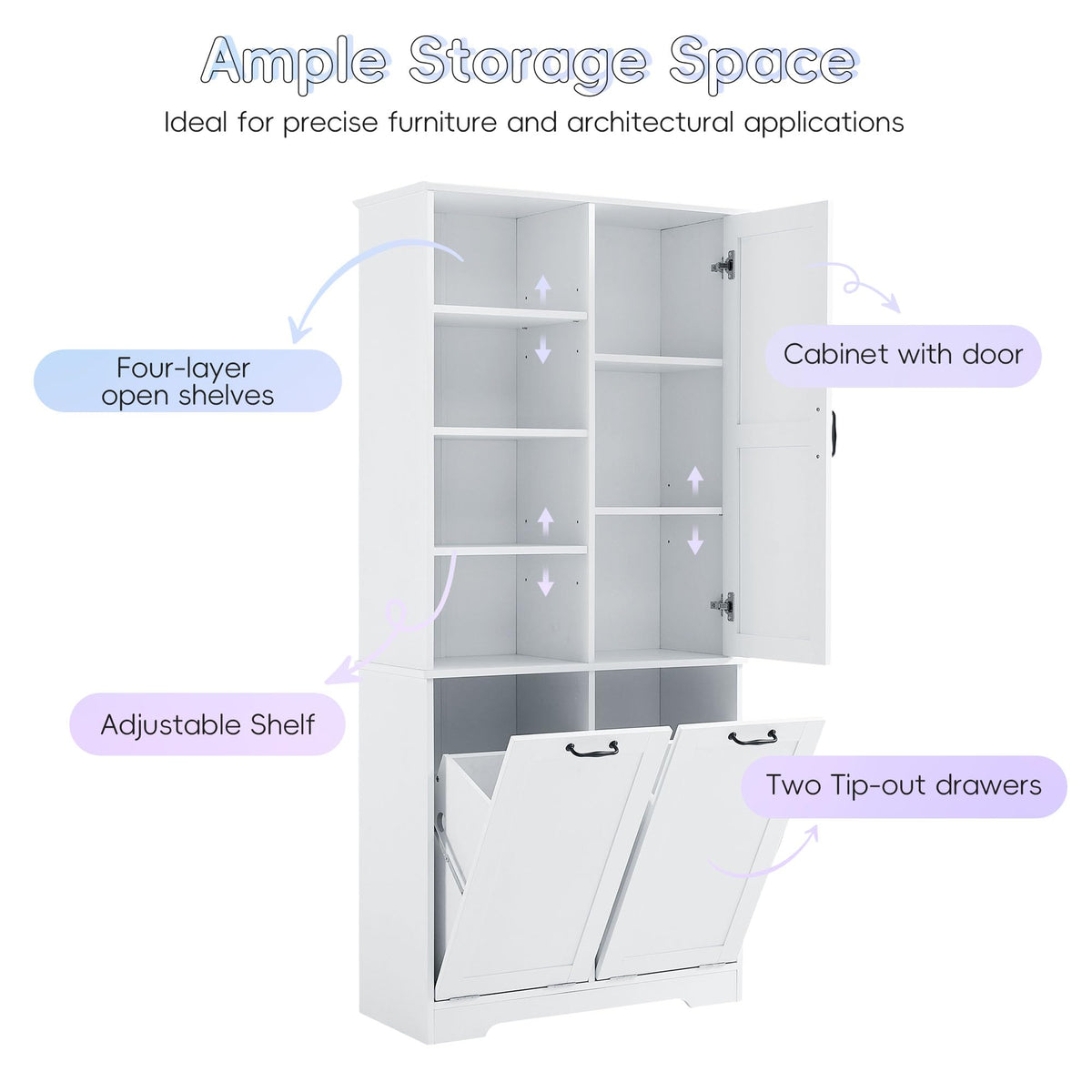 68" Tall Bathroom Storage Cabinet with One Door and Two Laundry Hampers for Home Display Organizer, Adjustable Shelf, White