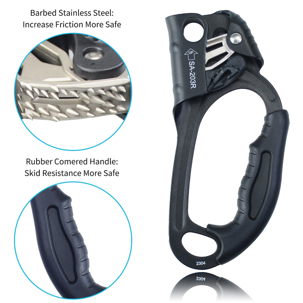 S.E.PEAK UIAA & CE Certified Climbing Rappelling Equip Hand Ascender for 8-13mm Rope Right Hand Black