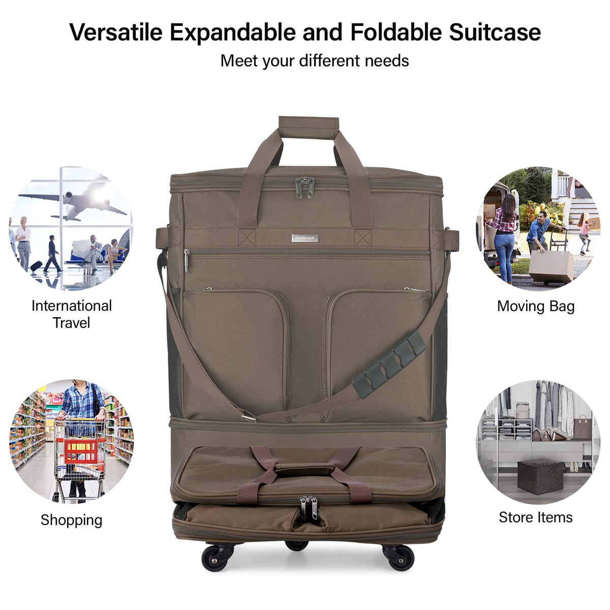 Hanke Expandable Collapsible Luggage with Wheels Suitcase, Rolling Travel Bag, Duffel Garment Tote Bag for Men Women, Lightweight Suitcase, Large Capacity Luggage with Spinner Wheel (Coffee)