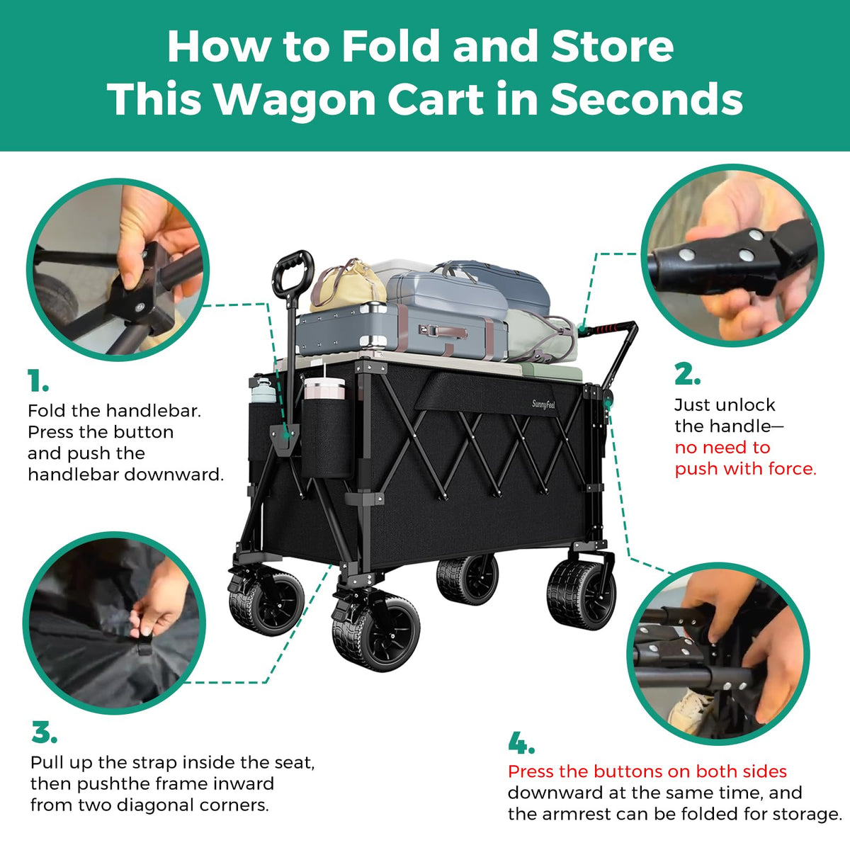 SUNNYFEEL 550LBS Collapsible Wagon Cart - Heavy Duty Push Pull Foldable Wagon with Dual Handles and Big Wheel,Utility Cart with Rear Tailgate for Camping, Fishing, Gardening, Shopping, Black
