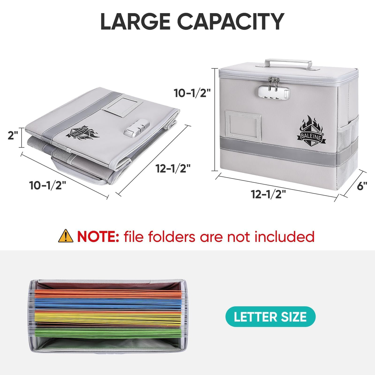 BALEINE Fireproof Document Box with Lock, Portable Fireproof Document Bag Waterproof Fire Proof File Boxes for Documents, File Organizer Box for Important Paperwork (Silver, 12.5''x10.5''x6'')