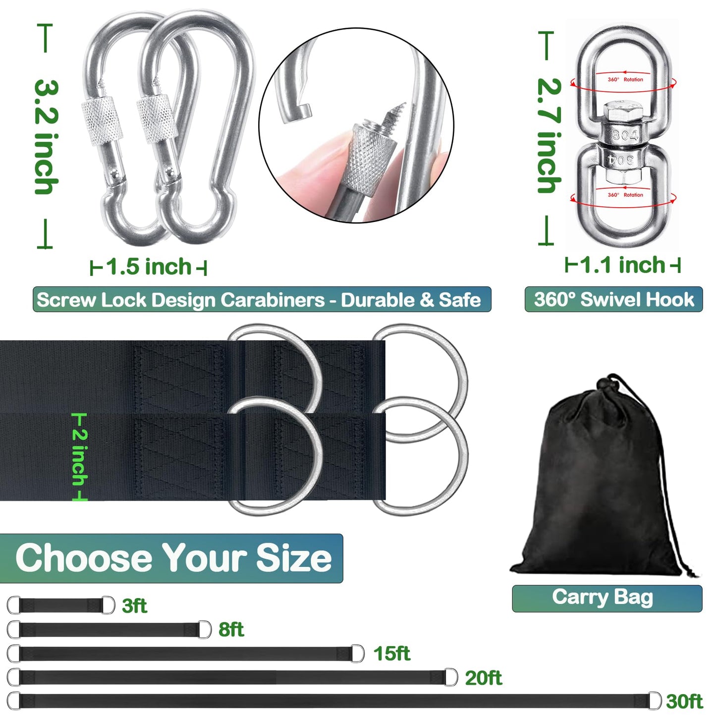 Veriluck Tree Swing Straps Hanging Kit - 3FT/8FT/15FT/20FT/30FT, Strong & Durable - Holds Up to 5000lbs - Adjustable Tree Swing Straps Fit for All Swings, Hammocks, Safer & Easy Installation (8 FT)