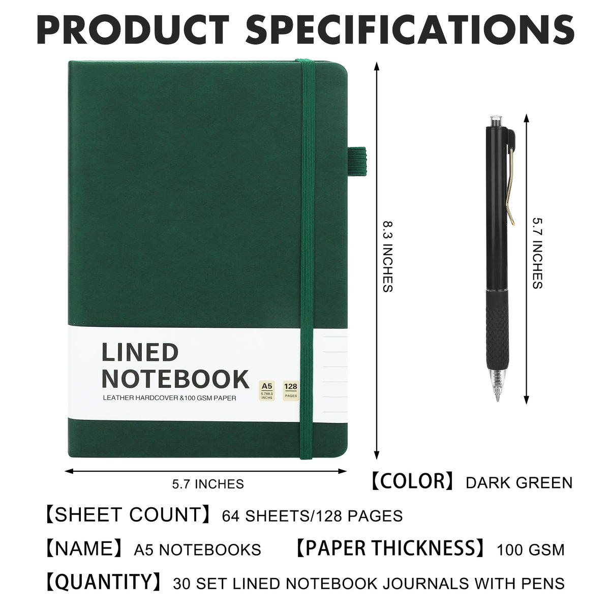 Aodaer 30 Set Lined Notebook Journals with Pens A5 Notebooks 100 GSM College Ruled Hardcover Notebook PU Leather Notepad with Pen Holder for Office School, 5.7 x 8.3 Inches, Dark Green