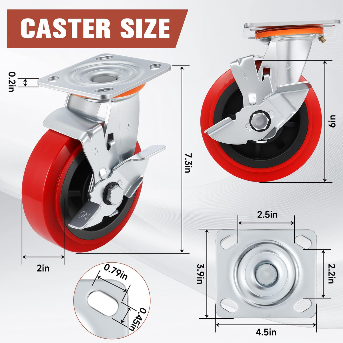 Caster Wheels,Industrial Heavy Duty Caster Set of 4,Polyurethane Surface TPE Casters,Load 5000Lbs Swivel Brake Plate Casters,for Industrial Equipment (2Side Brake & 2 Rigid, 6 inch)