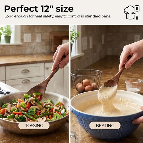 HAKSEN Wooden Cooking Spoons - 12-Inch Acacia Wood Utensils with Comfort Grip | Durable Kitchen Gifts