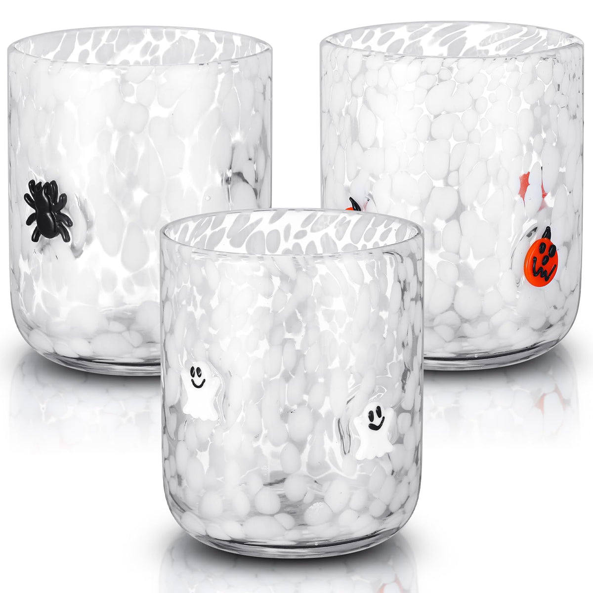Reallnaive 3 Pcs Halloween Drinking Glasses Cups 14 oz Ghost Pumpkin Spider Icon Juice Glass Cups Halloween Stemless Wine Glasses for Holiday Drinkware Friends Lovely Gifts Party Decoration