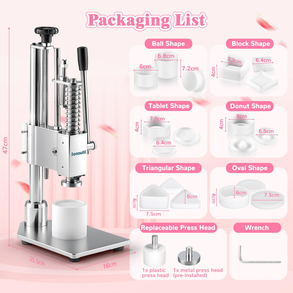 Bonoutil Bath Bomb Press Machine with 6 Molds, Heavy Duty Adjustable Height Bath Bomb Machine DIY Soap Press