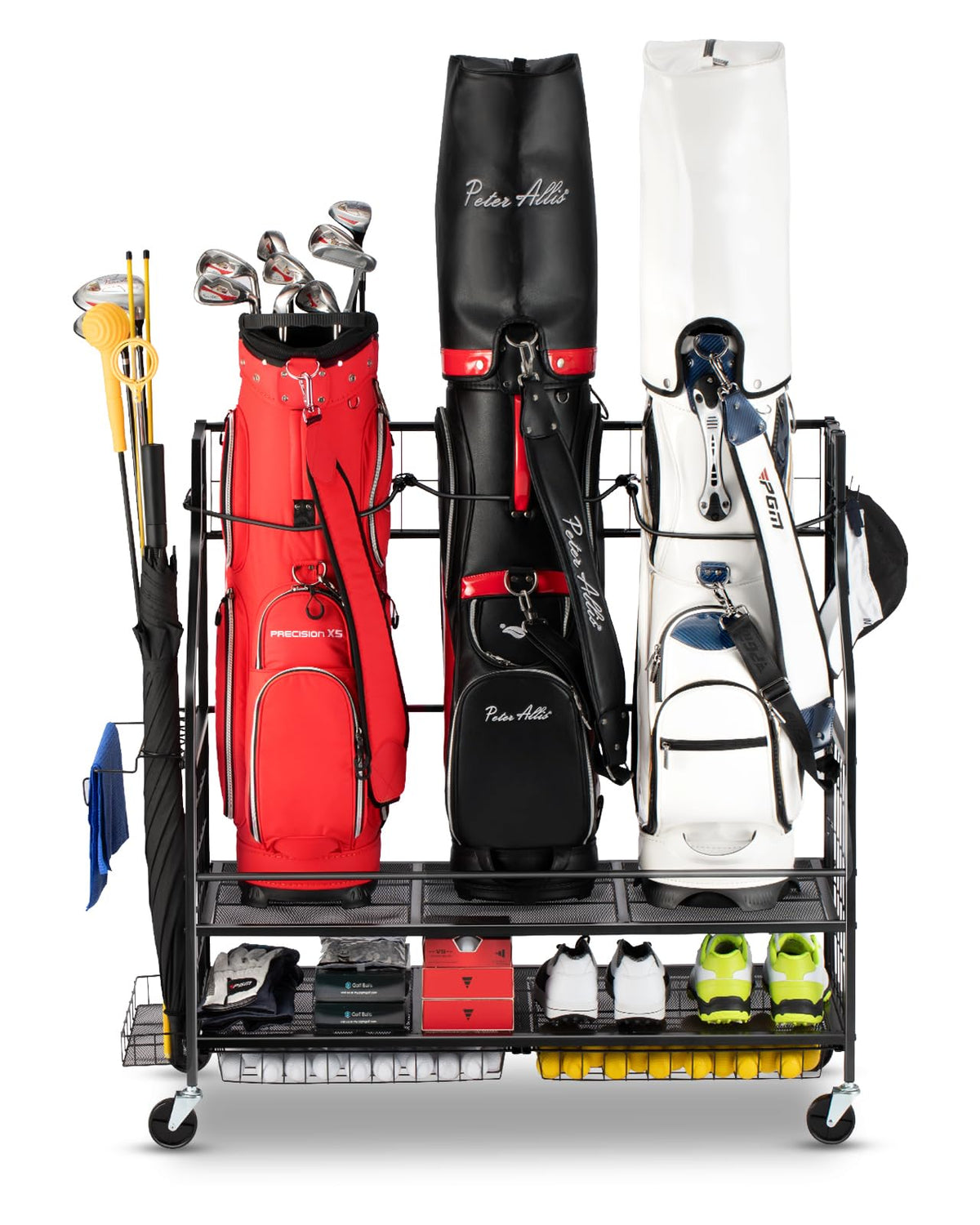 FHXZH 3 Golf Bag Storage Garage Organizer, Golf Bag Stand Fit for 3 Golf Bags, Golf Clubs, Golf Balls, Golf Equipment Accessories, Storage Rack with Wheels for Garage, Club, Shed, Basement