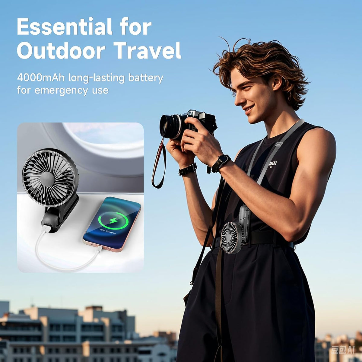 Skiennix Portable Handheld Fan - USB Rechargeable Mini Fan with 180° Foldable Design | 5 Speed Settings, LED Display, Black - Perfect for Travel & Outdoor Use