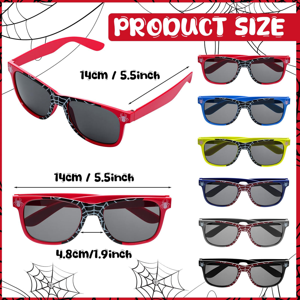 Simgoing 120 Pcs Spider Party Favors Include Spider Sunglasses, Web Gift Tote Bags, Blue Red Black Rubber Wristbands, Silicone Keychains and Sticky Webs for Birthday Comic Themed Party Decoration