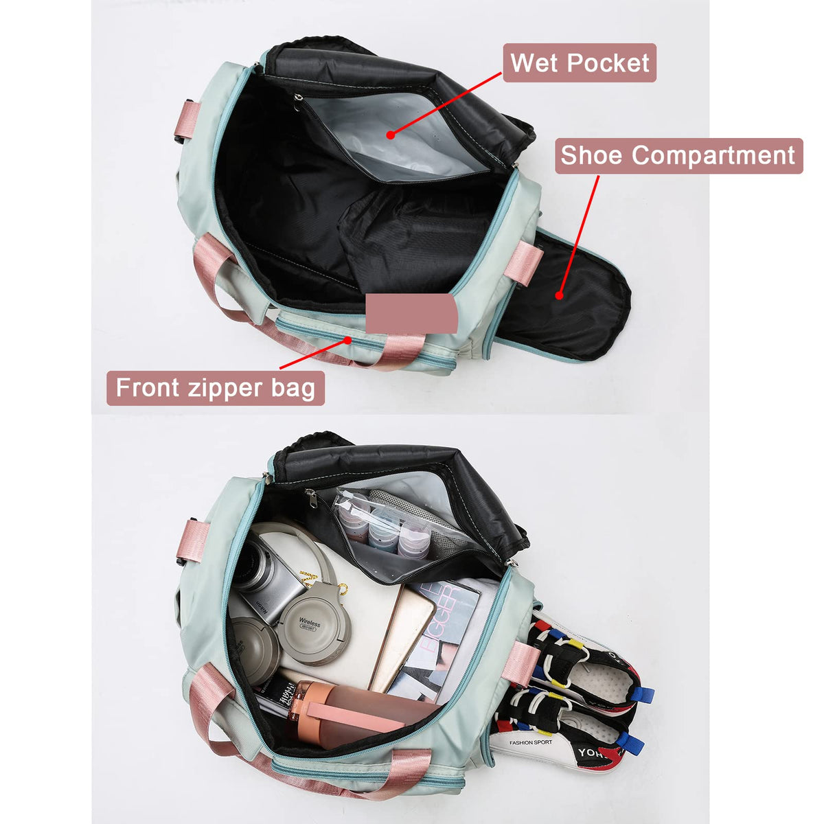 Beige Small Gym Bag for Women, Waterproof Travel Duffle Bag Carry On Weekender Bag with Shoe Compartment & Wet Pocket, Gym Tote Bag for Travel, Workout, Sport