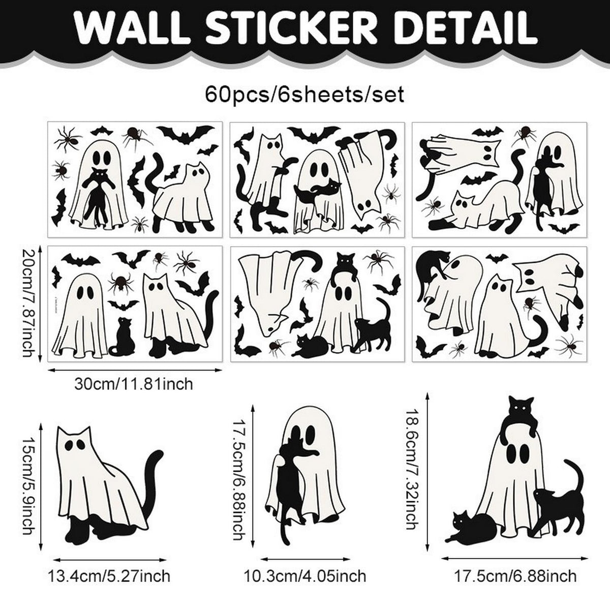 Halloween Ghost Window Clings for Glass 6 Sheets Cute Window Decals Spooky Window Stickers Cat Spider Reusable Windows Cling for Halloween Fall Party Home School Office Glass Supplies Decorations