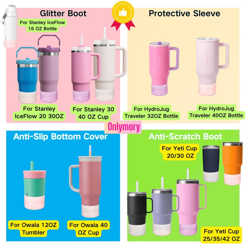 Onlymory 2Pack Glitter Silicone Boot for Stanley Cup 40 30 20 OZ, Boots Bottom Protector for Owala/HydroJug 40OZ Tumbler, Protective Sleeve for Stanley Cup Accessories Bumper