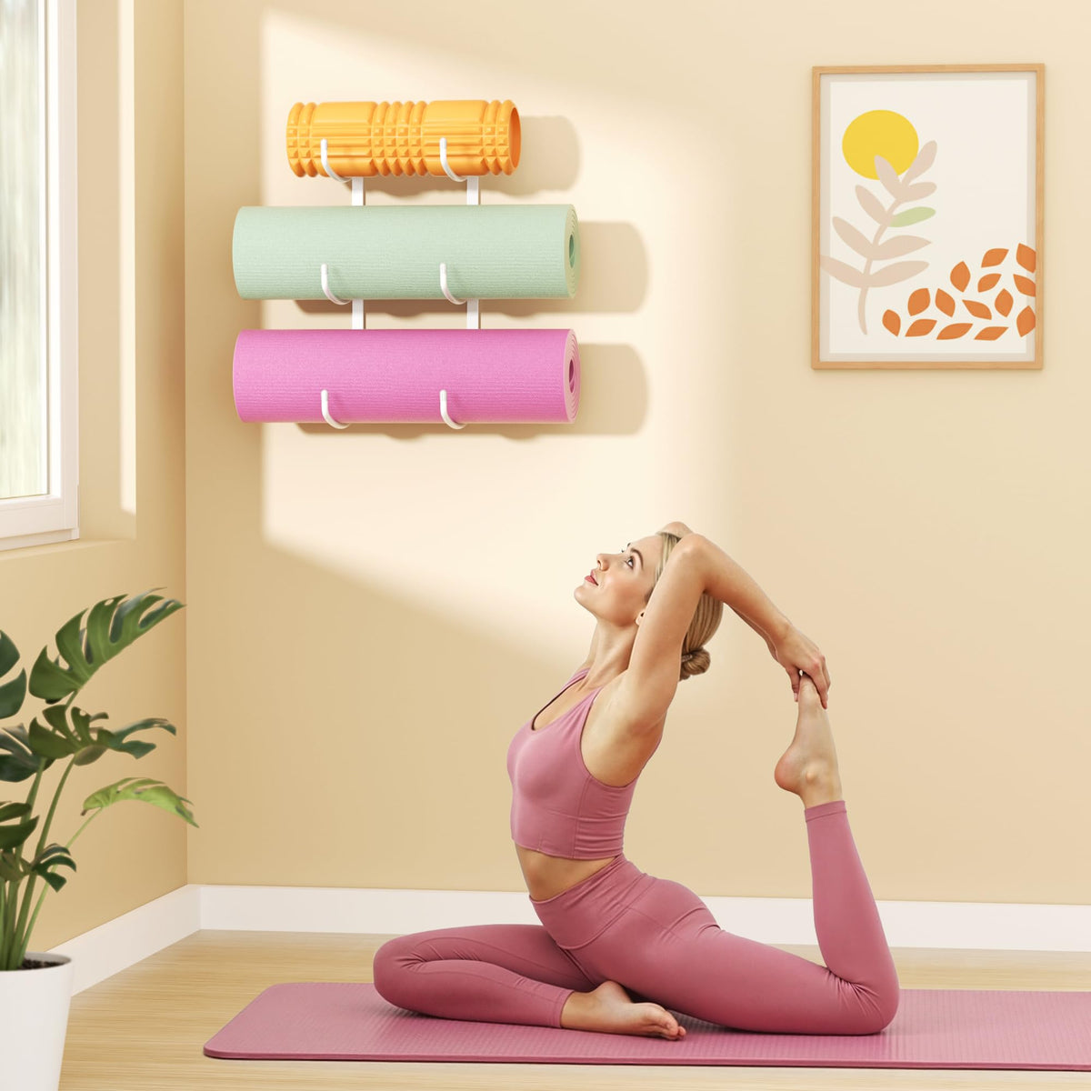 Josmimic Yoga Mat Holder Wall Mount, 3-Tier Storage Rack for Yoga Mat, Foam Roller, Block, Yoga Accessories, Wall Organizer for Home Gym, Gym, Workout Room, Metal, White