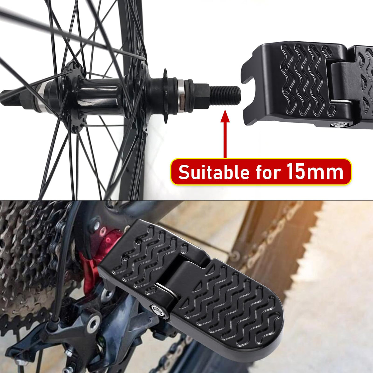 TOBWOLF 2PCS E-Bike U Slot Rear Pedals, 15MM Aluminium Bicycle Foot Peg, Non-Slip Ebike Foot Pegs for Passenger, Folding Rear Bicycle Footrest Pedals for E-Bike, Mountain Bike, Folding Bicycle