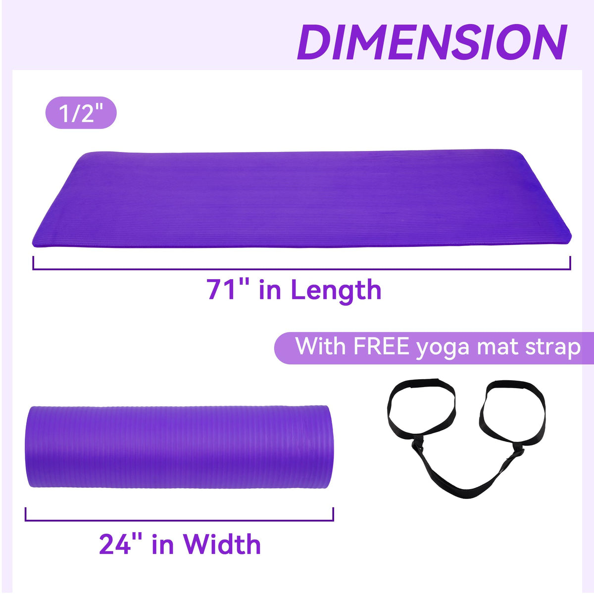 Fitvids 1/2-Inch Thick High Density Foam Exercise Yoga Mat with Carrying Strap, For Cushioning The Body Against Hard Floors, Purple