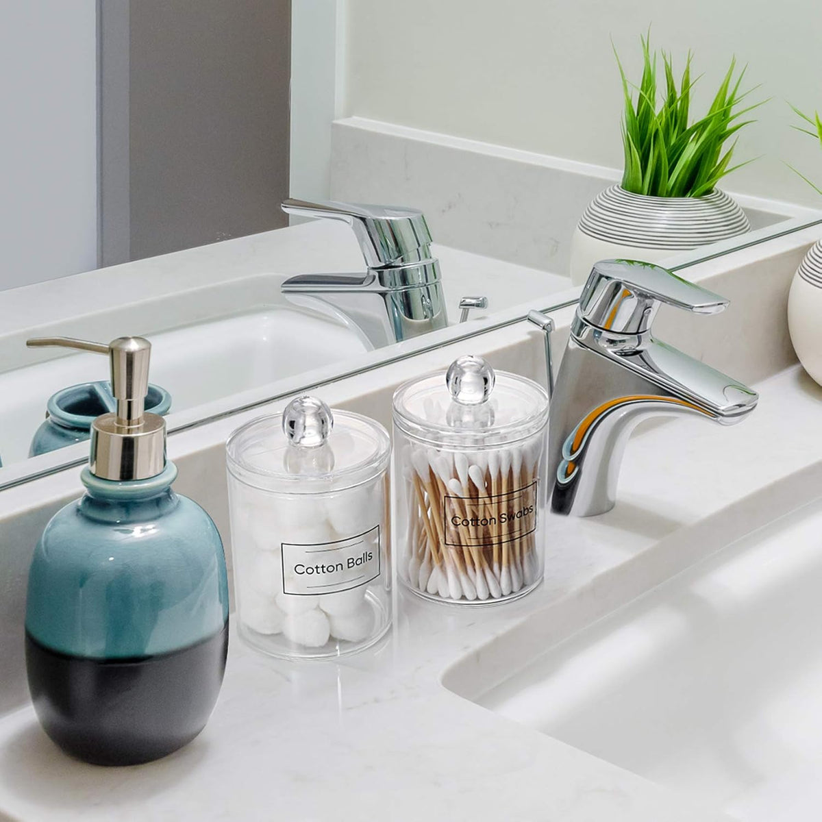 Skiennix Acrylic Qtip Holder Dispenser - Clear Plastic Canister Set for Cotton Swabs & Makeup Storage