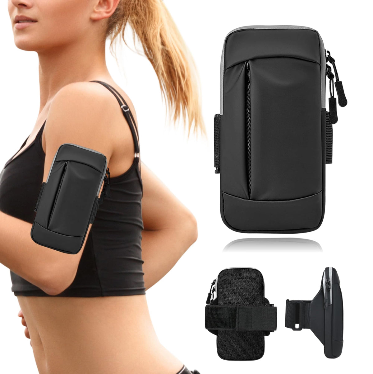 Running Armband, Adjustable Sports Band for Jogging, iPhone Workout Armband, Cell Pouch for Exercise Men Women (Leather Style in Black)