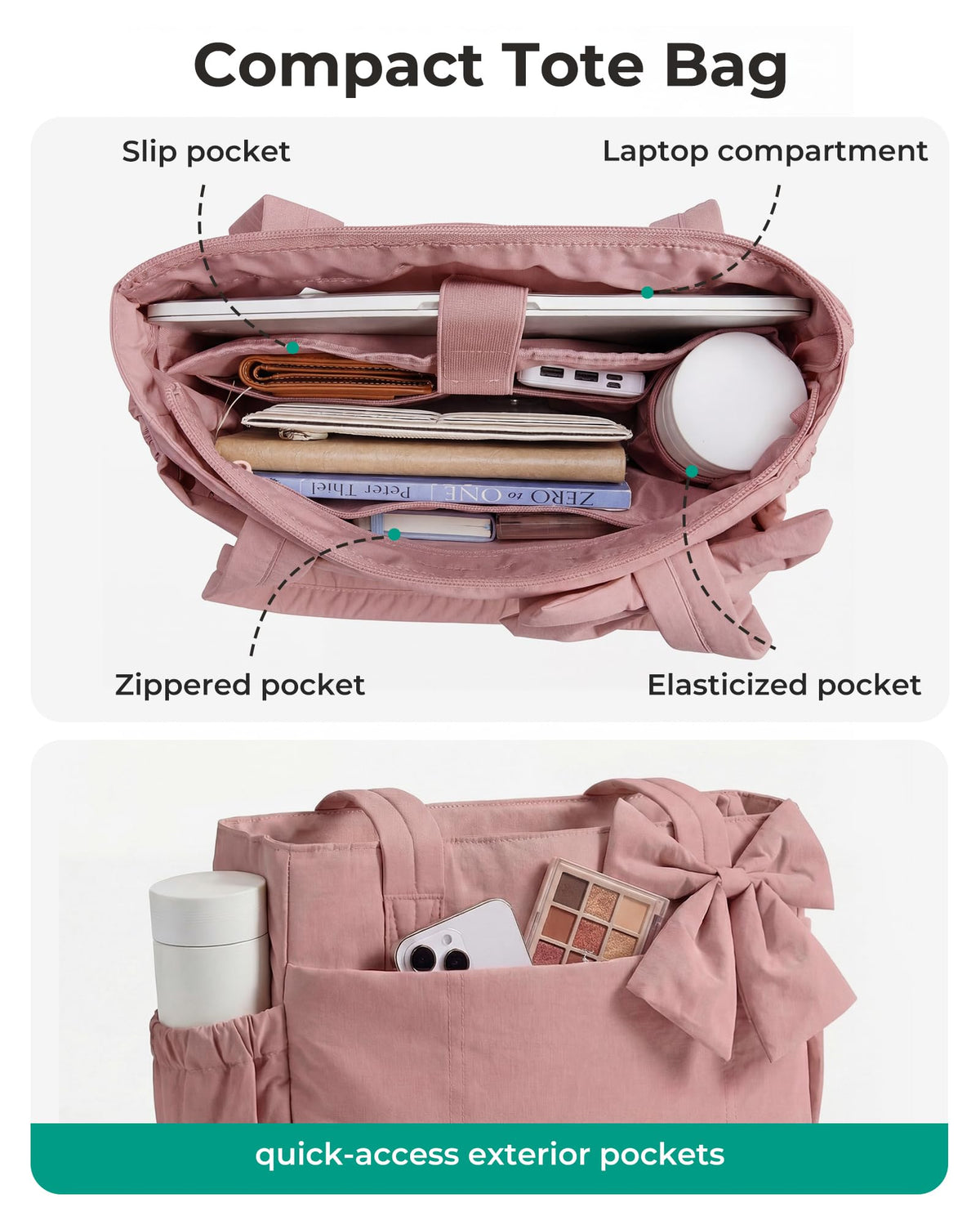 BAGAMSRT Crush Bow Tote Bag for Women, Large Work Tote with 40oz Tumbler, Puffer Travel Tote Bag for Work
