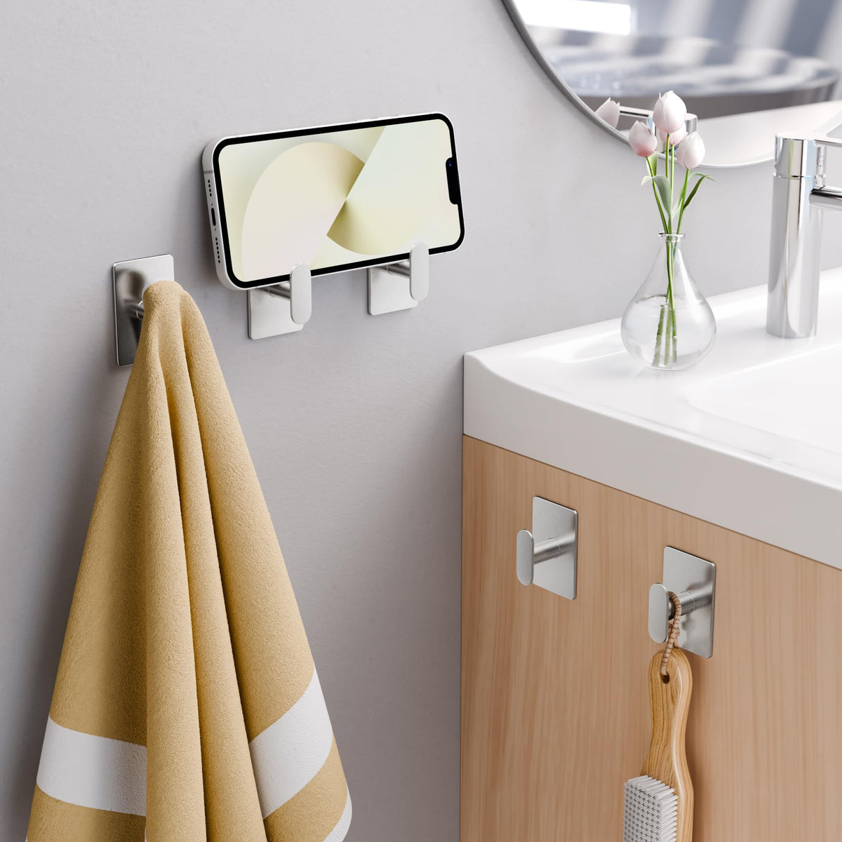 pickpiff Adhesive Towel Hooks for Bathroom: 20LB Extra Strong Wall Hanger for Shower Kitchen RV Dorm Apartment, Silver 4 Pack