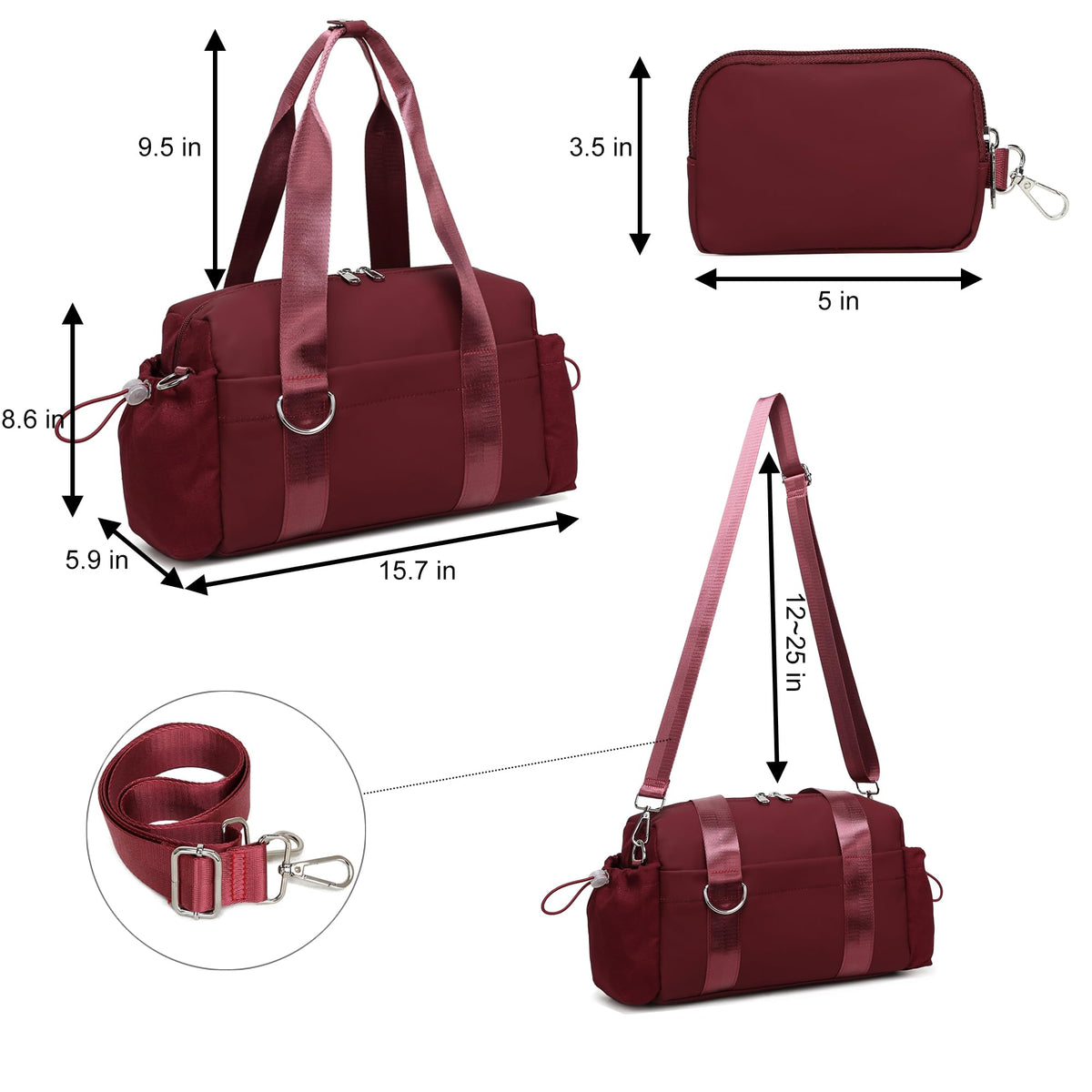 ERTUNA Everyday Mini Gym Bag for Women 2.0, Small Tote with Zipper Compartment Waterproof Travel Duffle Cute Handbag Workout Carry On with Removeable Shoulder Strap & Coin Wallet Easy to Clean-Wine