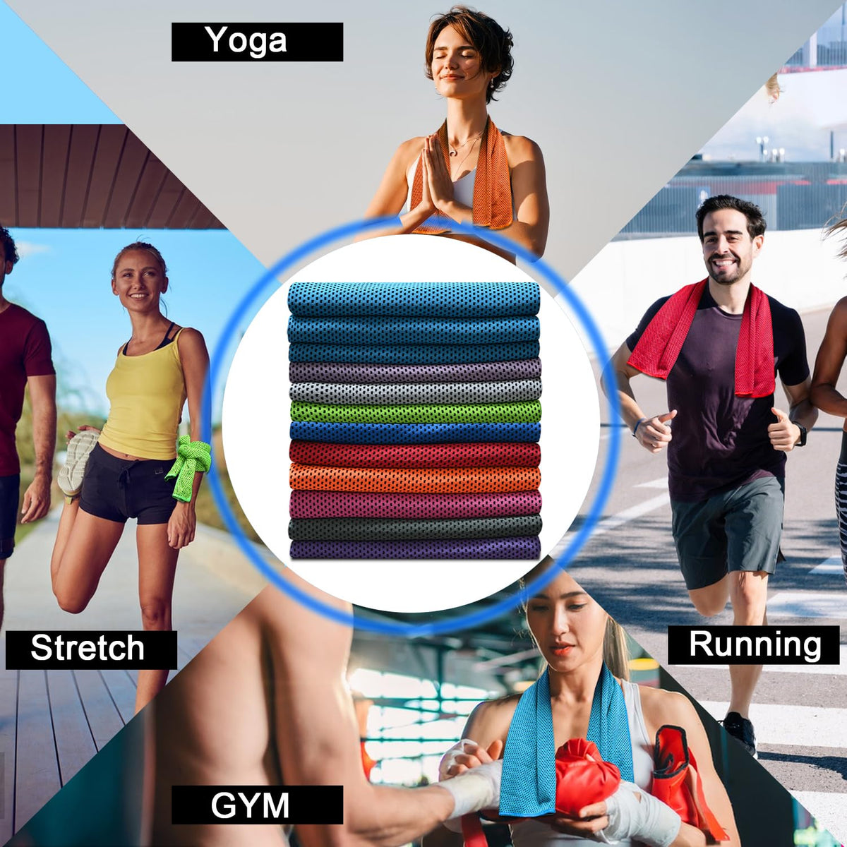 SYIGICE 12 Pack Cooling Towels, 32 x 12 Inch Microfiber Ice Towels, Soft and Breathable Neck and Face Cooling Towels, Sweat Wicking Towels for Yoga, Running, Gym, Workout, Outdoor Exercise, 10 Colors