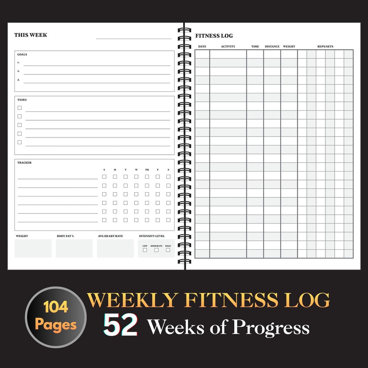 Workout Journal for Men – Fitness Journal & Workout Logbook, Gym Fitness Planner Journal with 52 Weeks of Tracking - Exercise Book for Weight Loss & Training – 8.2 x 6 inches – Spiral Hard-Cover - Black