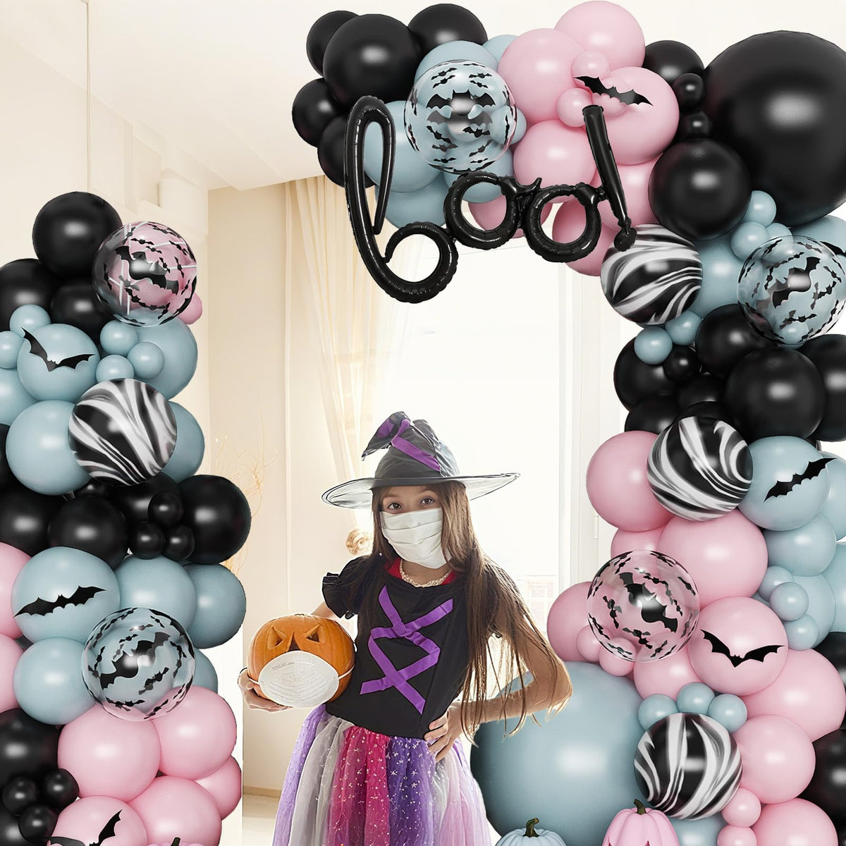 Froova Halloween Balloons Arch Dusty Pink Blue Balloon Garland Kit Boo Foil Balloons with 3D Bat Stickers for Boy or Girl Gender Reveal Night Pink Ghost Spooky One Baby Shower Birthday Party Decor
