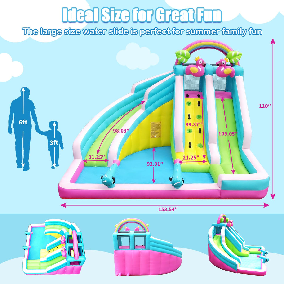 Inflatable Water Slide, 6 in 1 Blow Up Water Park Aged 3-10, Flamingo Style Water Bounce House with Double Long Slides, Splash Pool, 580W Blower Waterslide for Kids and Adults Backyard