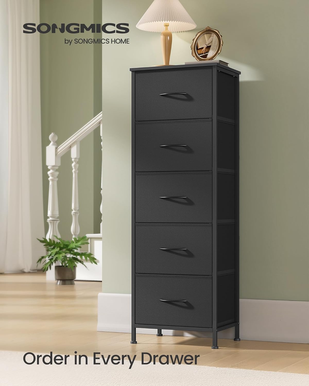 SONGMICS Dresser - Stylish Chest of Drawers with 5 Non-Woven Fabric Bins | Ink Black & Ebony Black