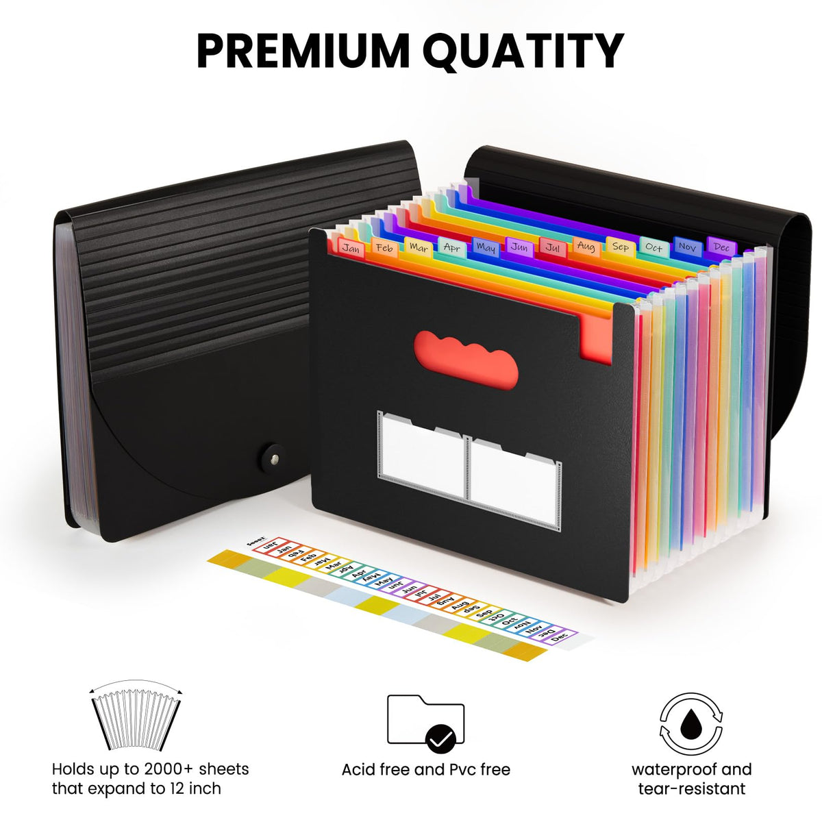 Sooez Accordion File Organizer, 13 Pockets Expanding File Folder, Portable Monthly Paper Bill Tax Receipt Organizer, Letter A4 Size Document Holder with Blank Labels, Black