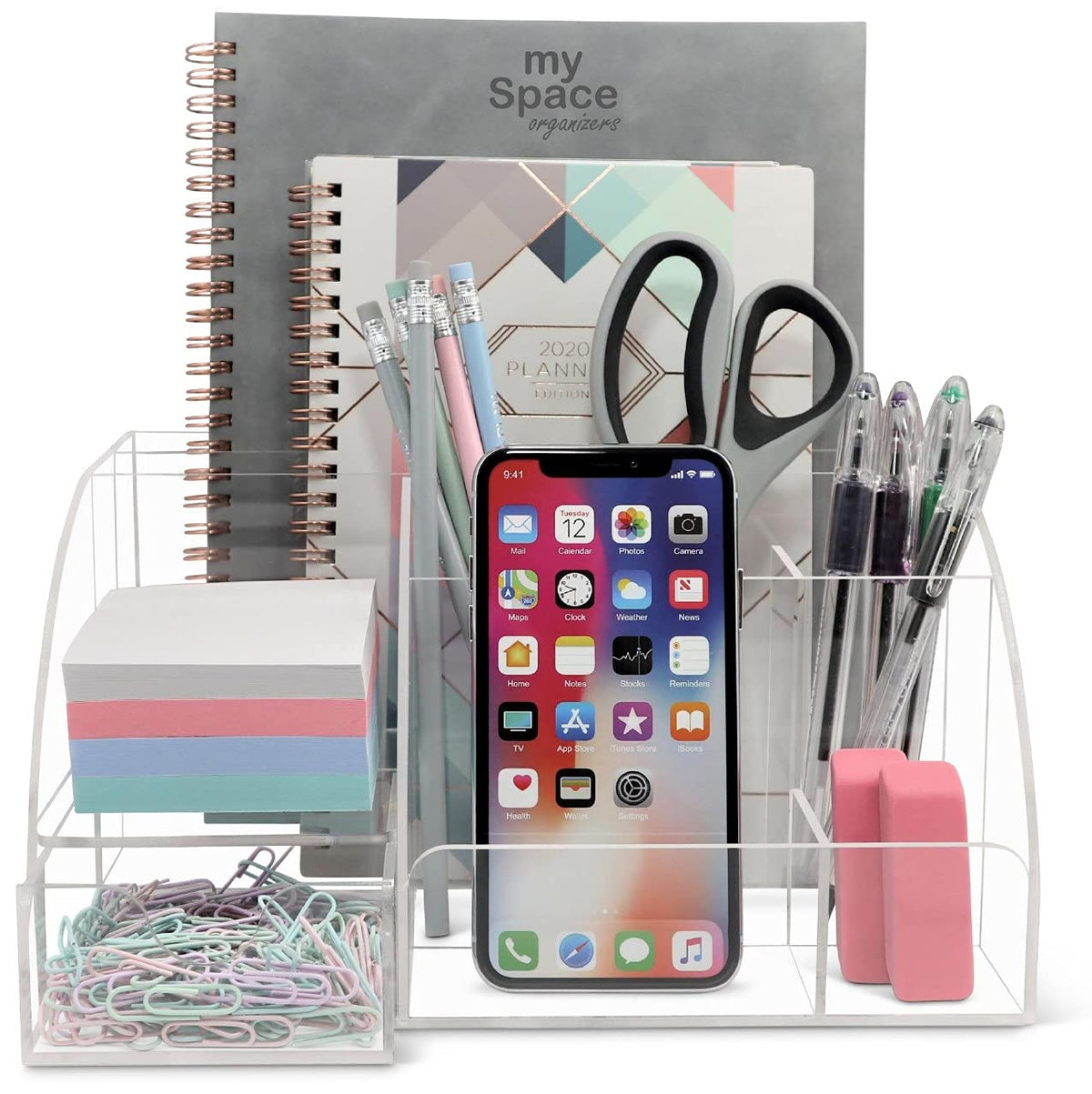 My Space Organizers Clear Acrylic Desk Oganizer, 9 Compartments, Office Supplies and Desk Accessories Organizer, Home Decor Desktop Organizer (Clear)