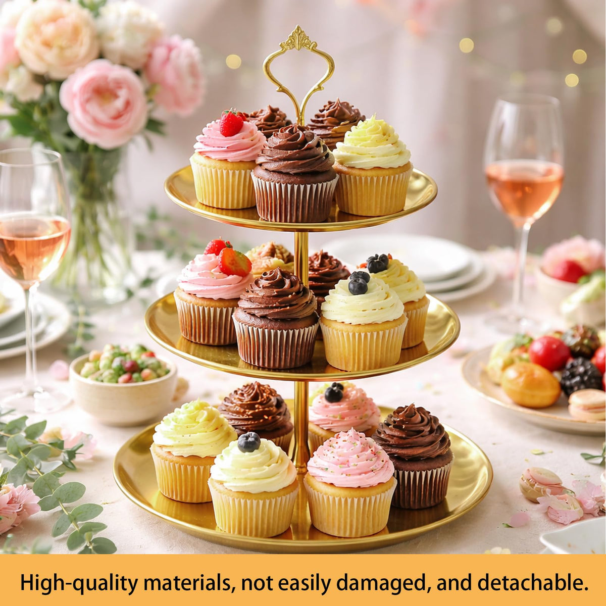 MOSIOBERDAVIAN 3 Pcs 3 Tier Stainless Steel Cupcake Stand, Gold Tiered Dessert Stand for Wedding, Birthday Party, Baby Shower, Tea Party, Graduation Ball (Gold)