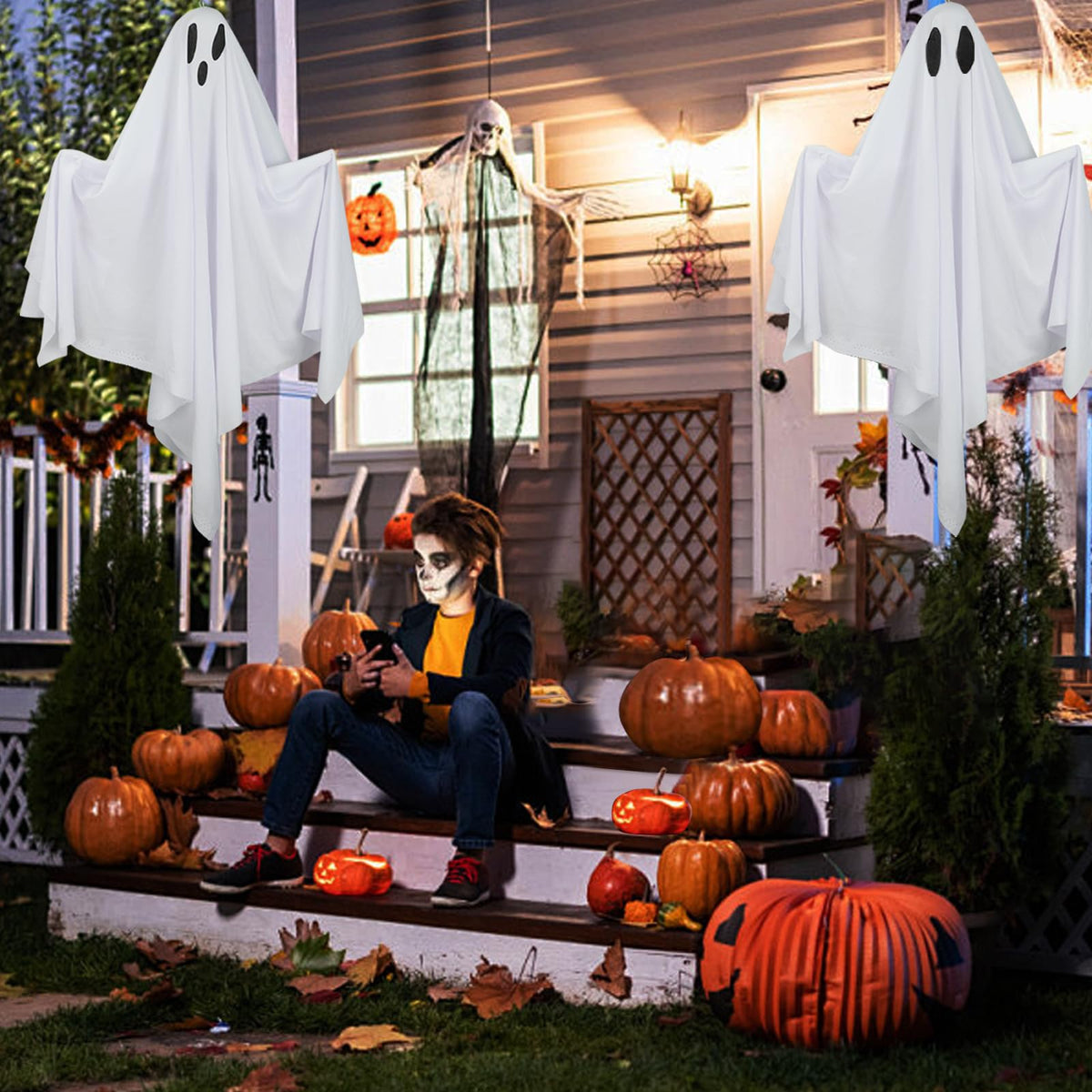 6 Pack Halloween Hanging Ghost Decorations 27.6" Halloween Outdoor Hanging Ghosts White Flying Fabric Ghosts Decorations for Outdoor Front Yard Patio Lawn Garden Trees Party Decor