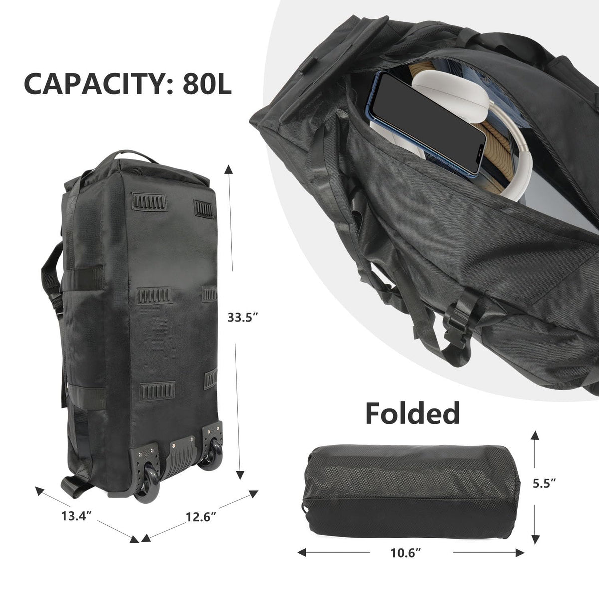 XINGOHQ 80L Rolling Duffle Bag with Wheels - Heavy-Duty 33.5" Foldable Duffel, Water-Resistant Wheeled Luggage with Shoulder Straps for Camping, Gym, Airplane (Black)
