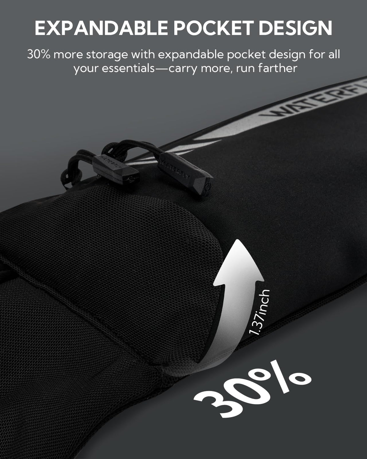 WATERFLY Running Belt Fanny Pack: Slim Breathable 4 Pocket Waist Bag for Men Women Sport Workout Exercise Fitness Phone Holder - Runner Marathon Jogging Waistband Fits ALL Phones Black